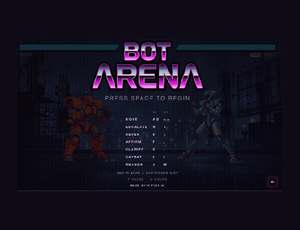 Bot Arena interactive game display featuring customizable robot characters and benchmark metrics.