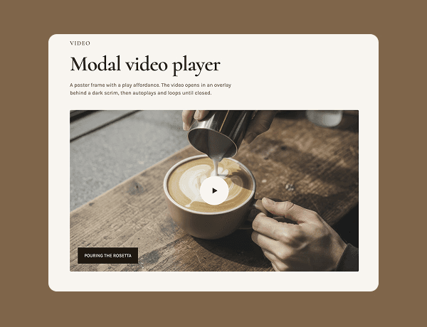 Coffee latte art video modal preview showing a poster image with play button