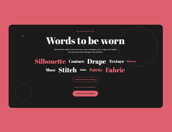 Interactive word cloud component with fashion terms over a stylish editorial background image
