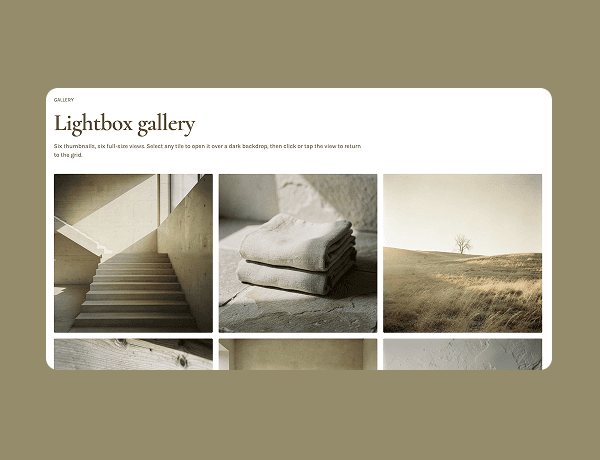 Grid of six image thumbnails opening into a dark backdrop overlay when clicked