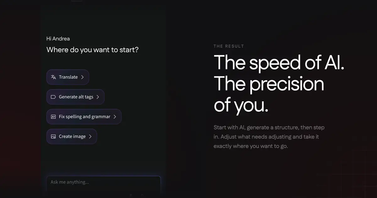 Prompt box in Flex AI interface with text that reads, "The speed of AI. The precision of you. Start with AI, generate a structure, then step in. Adjust what needs adjusting and take it exactly where you want to go."