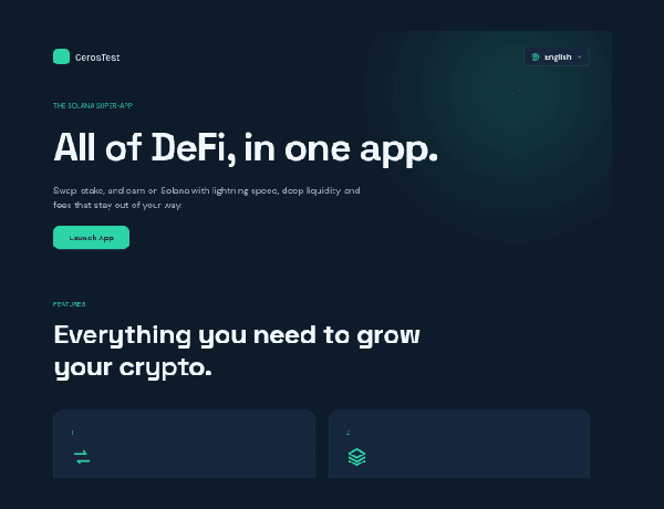 Solana crypto super-app landing page preview showing swap, stake, and earn feature sections