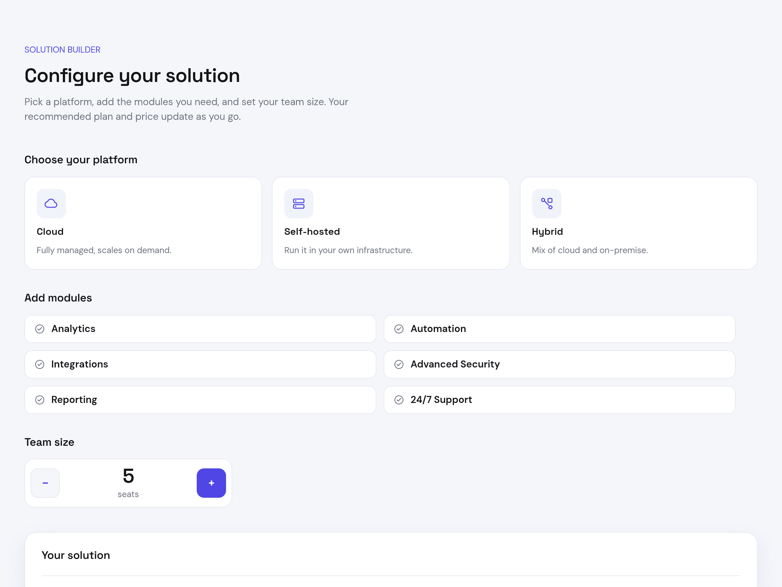 Interactive solution builder template with step-by-step options and product selection cards