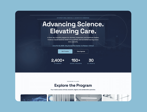 Preview of a medical conference landing page featuring event agenda, keynote speakers, and registration details.