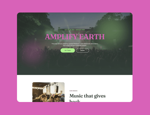 Preview of an interactive event landing page template featuring bold typography and modern layout.