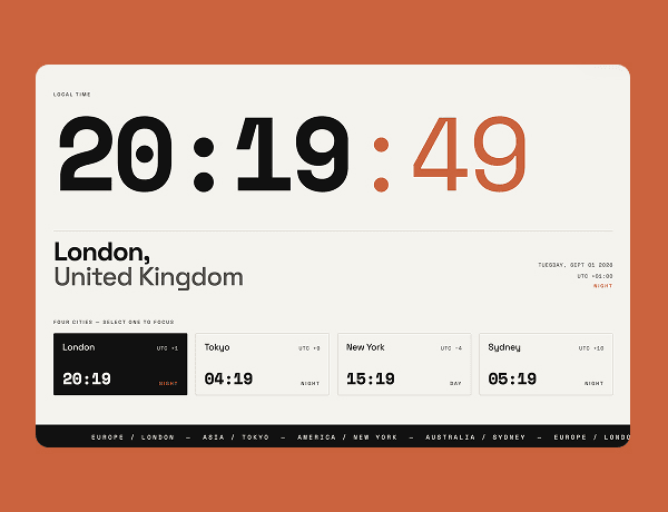 Interactive world clock displaying current time across global cities