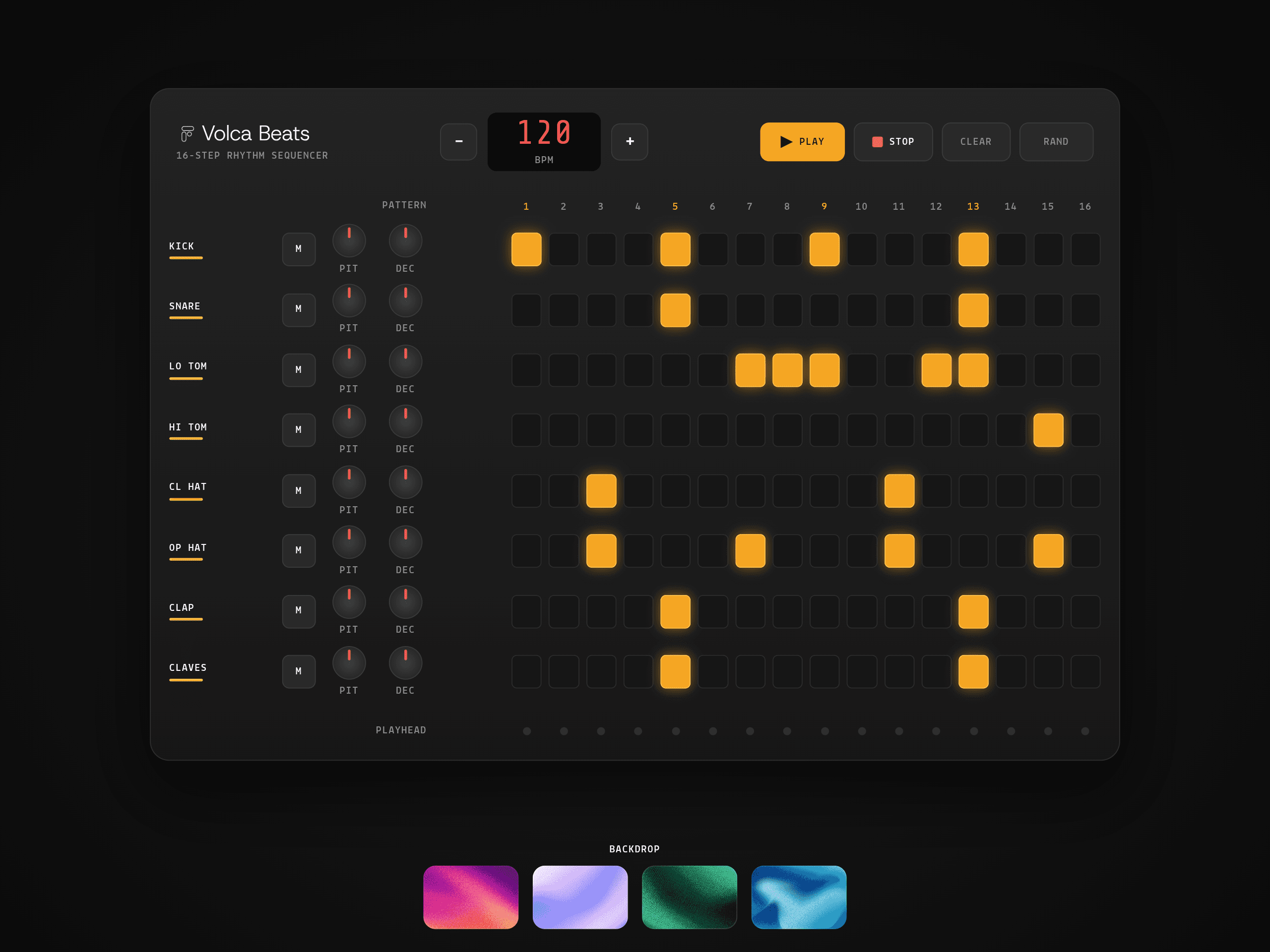 Interactive digital drum machine interface with playable pads and sound controls