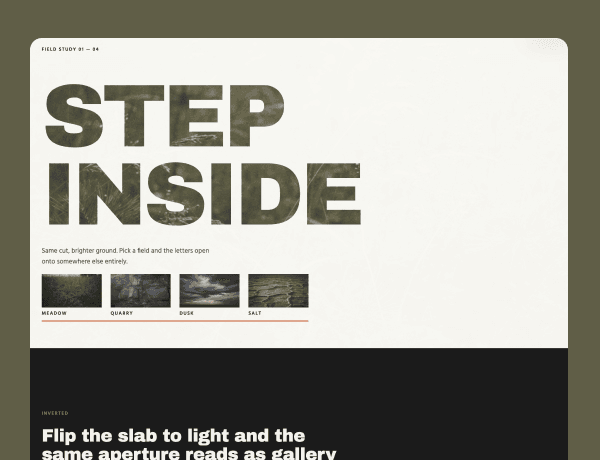 Light-themed hero section with large bold knockout text over a full-width background image