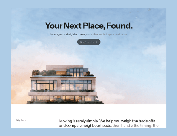 Clean layout of a modern real estate agency landing page template with hero section