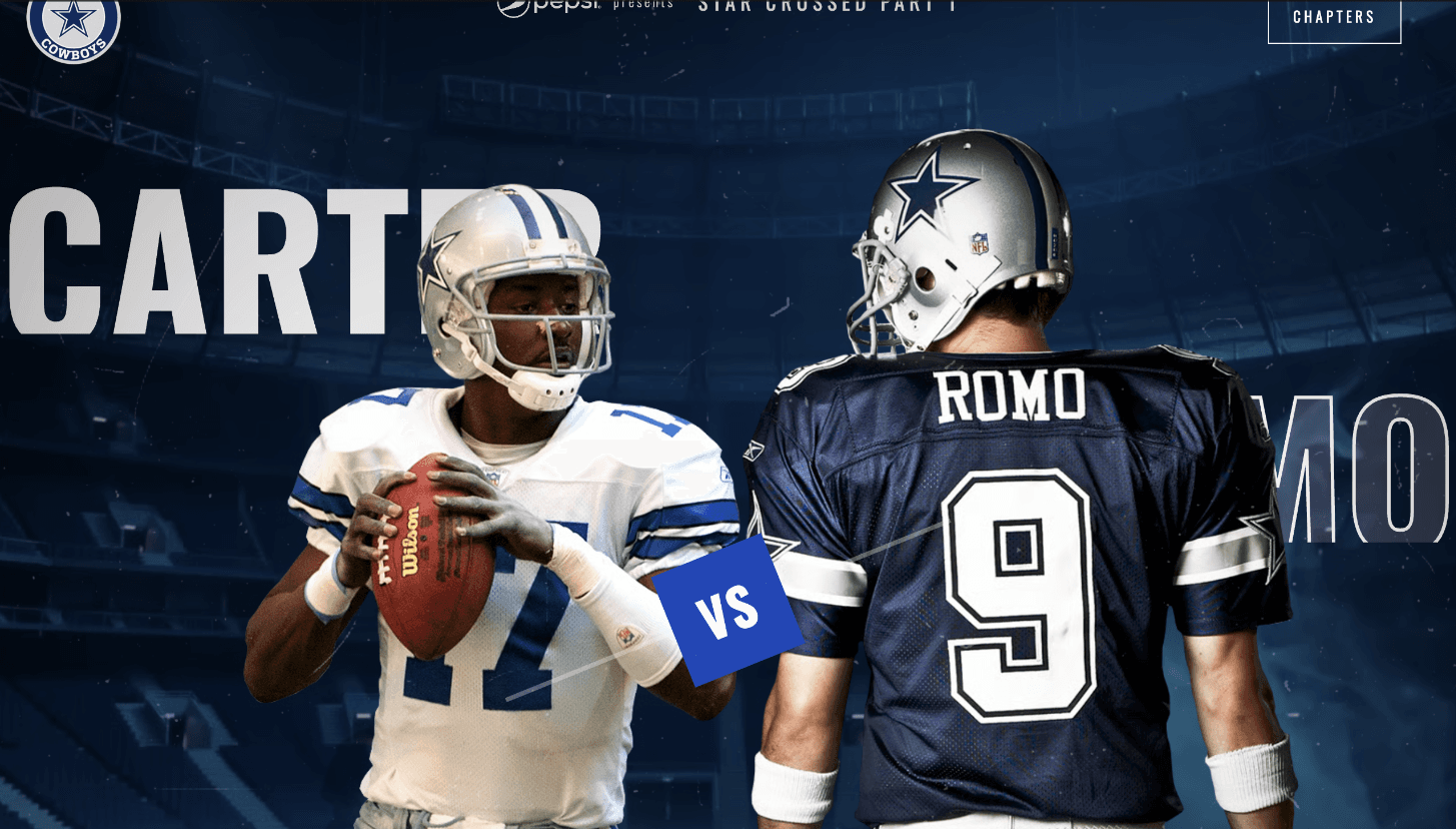 Dallas Cowboys x Pepsi Star Crossed microsite hero: quarterbacks Quincy Carter and Tony Romo facing off with a 'VS' badge, Pepsi-presented chapter navigation overhead.