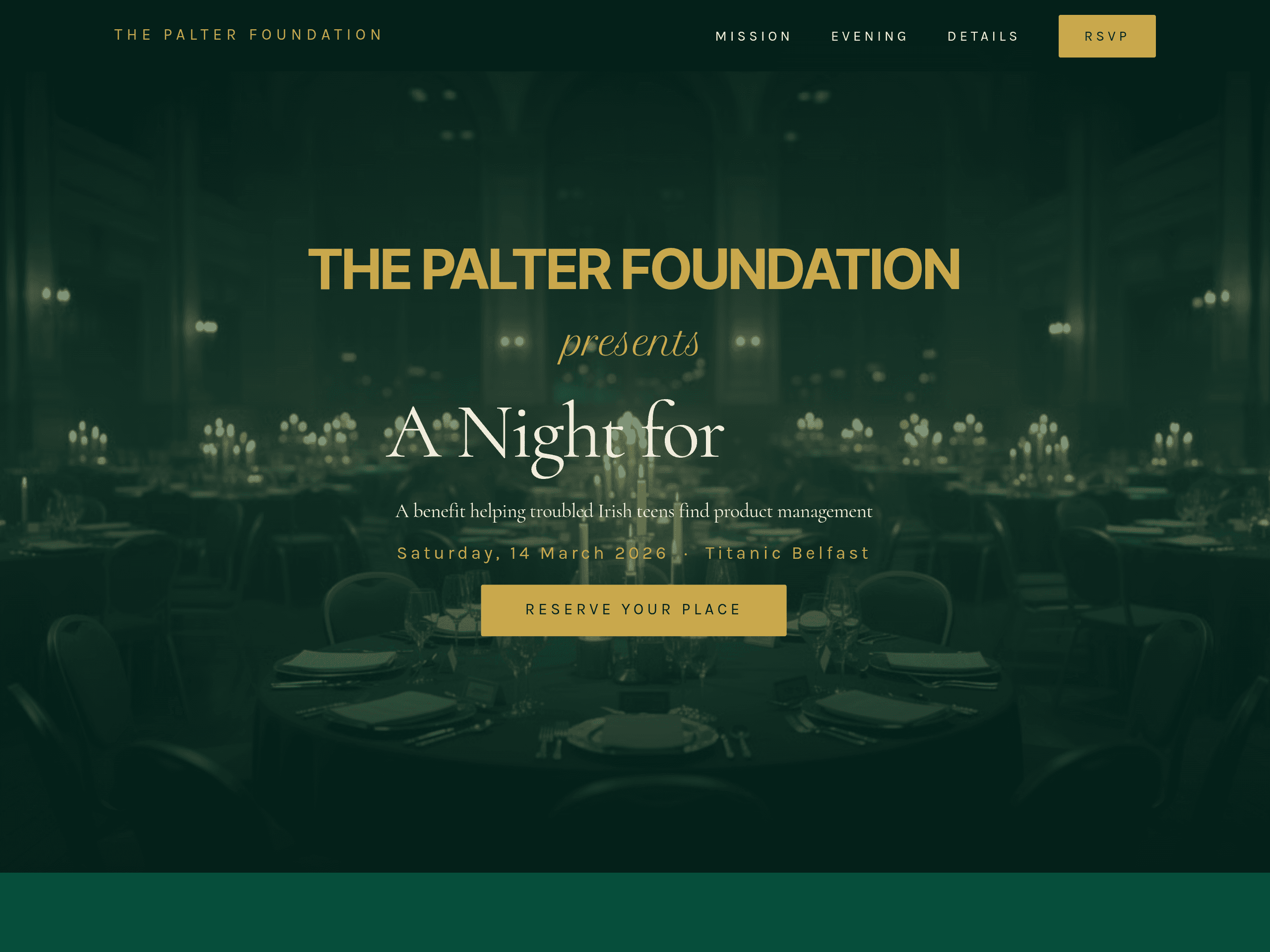 Preview of a non-profit gala event landing page template with dark background and gold accents