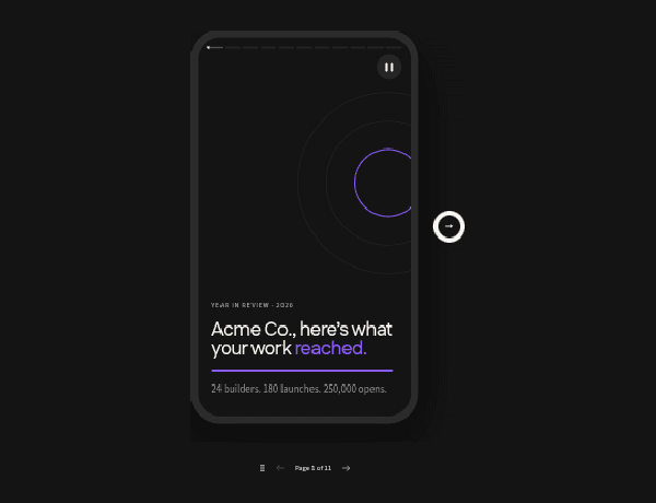 Mobile layout showing a 2026 year in review summary card with stats