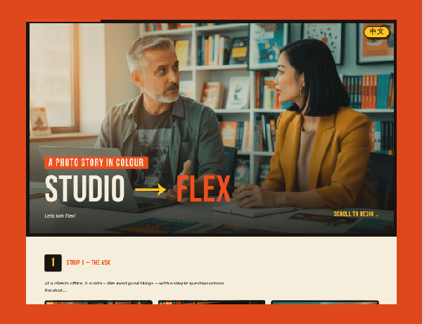 A modern comic strip visual comparing Ceros Studio to Ceros Flex features