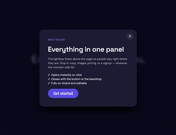 Preview of an interactive pop-up modal component featuring a full-screen overlay with text and close button