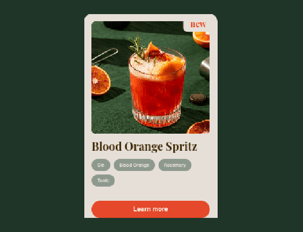 Product card component example showing a Blood Orange Spritz cocktail with tag pills and a Learn more CTA