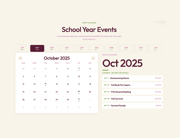 Interactive yearly calendar component showing months and dates in a clean grid layout