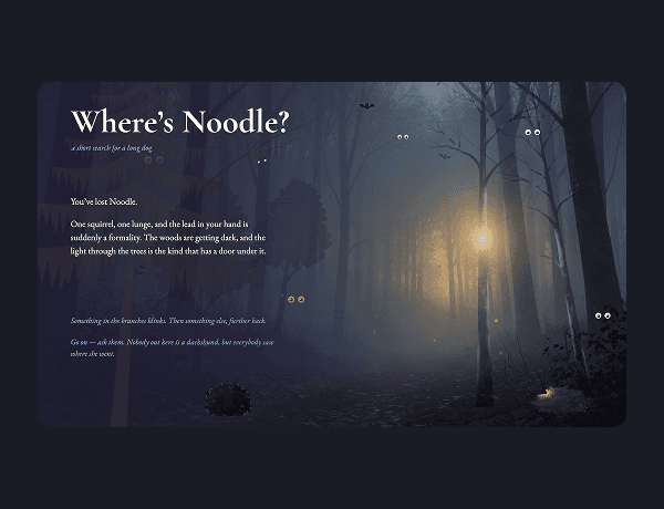 Illustration of a colorful interactive game scene featuring Noodle the dog