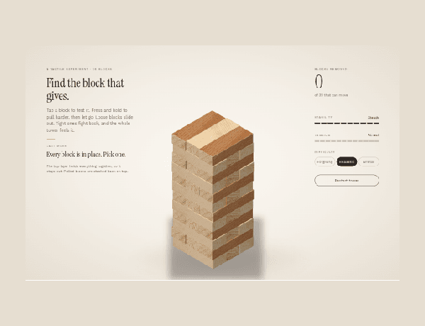 Interactive 3D wooden tower game displaying blocks to tap and pull