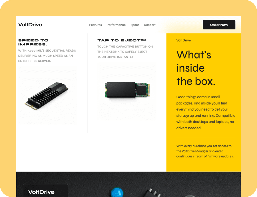 Product landing page template showing a three-column feature layout with a bold yellow callout panel.