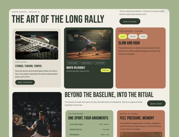 Grid layout featuring various content cards with hover animations and clean typography.