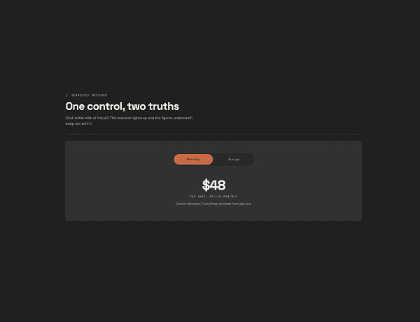 Interactive segmented switcher component with light and dark mode toggle states