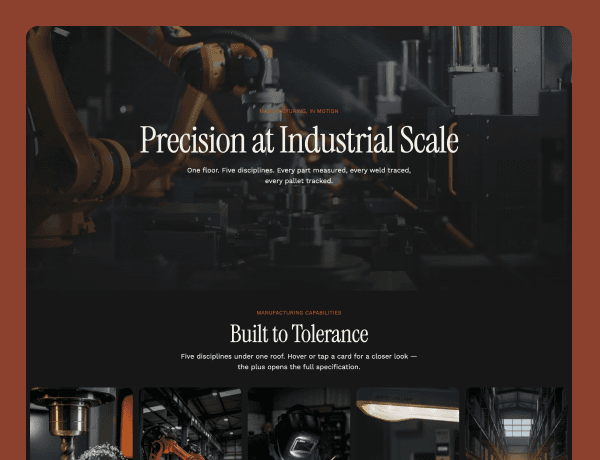 Manufacturing hero section featuring full-bleed background video and cards with pop-up modals.