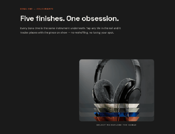Interactive product variant showcase featuring five colour finishes for Sona One headphones