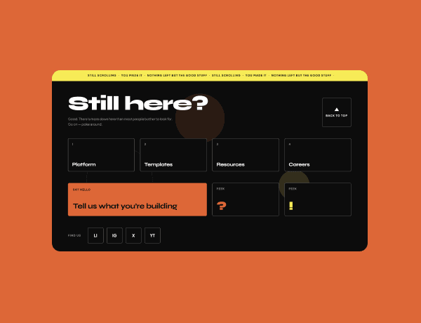 Interactive footer playground interface featuring dark mode navigation and social links