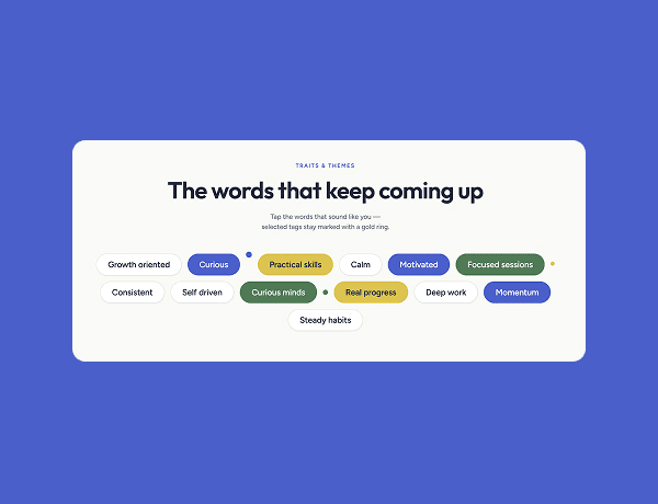 Interactive minimalist word cloud featuring floating white typography tags and search terms.