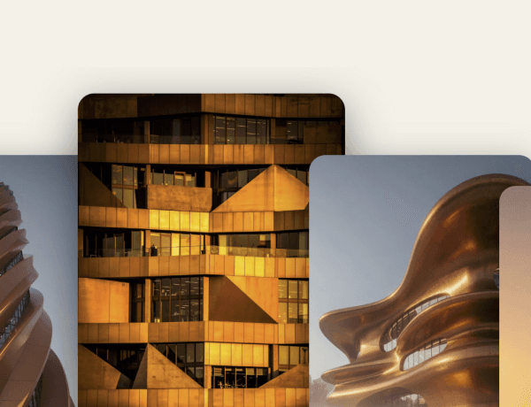 Interactive fan-out card component featuring architecture projects with hover animations