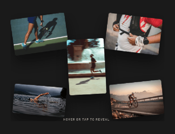 Fitness application hero section featuring interactive hover cards for different sports