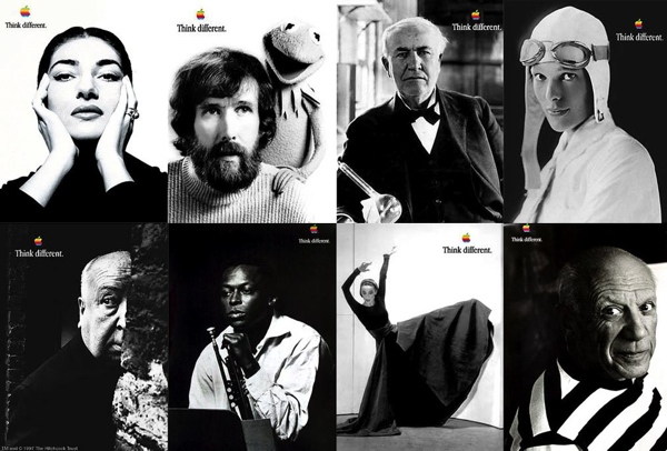 A collage of Apple's Think Different campaign featuring notable artists, politicians, and adventurers.